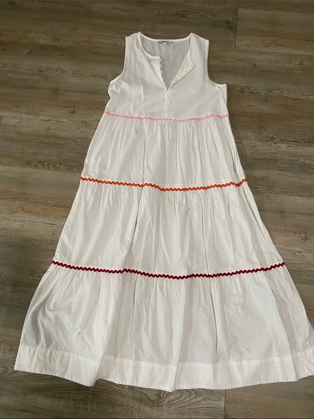 Madewell White Tiered Maxi Dress with Pink, Orange & Red Trim